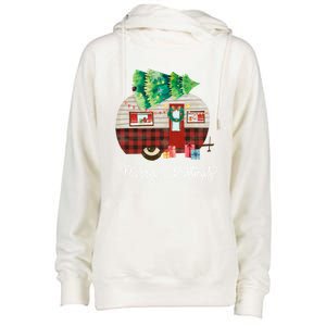 Merry Christmas Camper Buffalo Plaid Xmas Morning Camping Cute Gift Womens Funnel Neck Pullover Hood