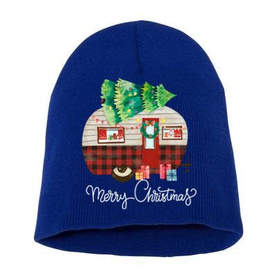 Merry Christmas Camper Buffalo Plaid Xmas Morning Camping Cute Gift Short Acrylic Beanie