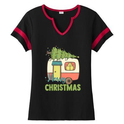 Merry Christmas Camping Van Trailer Xmas Tree Gift Ladies Halftime Notch Neck Tee