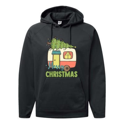 Merry Christmas Camping Van Trailer Xmas Tree Gift Performance Fleece Hoodie