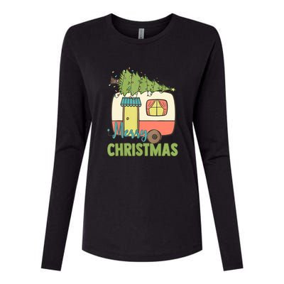 Merry Christmas Camping Van Trailer Xmas Tree Gift Womens Cotton Relaxed Long Sleeve T-Shirt