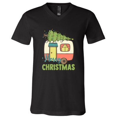 Merry Christmas Camping Van Trailer Xmas Tree Gift V-Neck T-Shirt