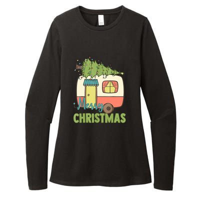 Merry Christmas Camping Van Trailer Xmas Tree Gift Womens CVC Long Sleeve Shirt