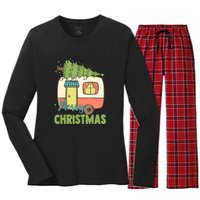 Merry Christmas Camping Van Trailer Xmas Tree Gift Women's Long Sleeve Flannel Pajama Set 