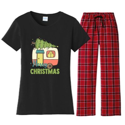 Merry Christmas Camping Van Trailer Xmas Tree Gift Women's Flannel Pajama Set