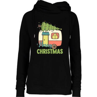 Merry Christmas Camping Van Trailer Xmas Tree Gift Womens Funnel Neck Pullover Hood