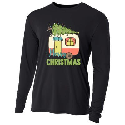 Merry Christmas Camping Van Trailer Xmas Tree Gift Cooling Performance Long Sleeve Crew