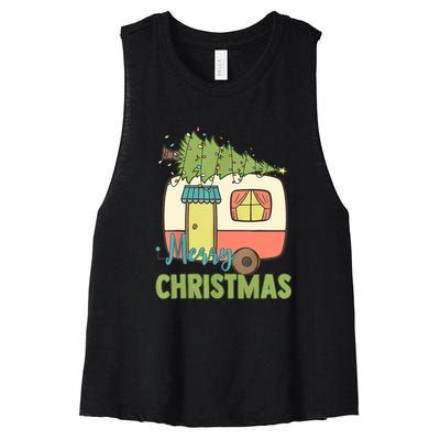 Merry Christmas Camping Van Trailer Xmas Tree Gift Women's Racerback Cropped Tank