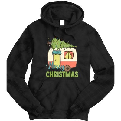 Merry Christmas Camping Van Trailer Xmas Tree Gift Tie Dye Hoodie