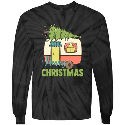 Merry Christmas Camping Van Trailer Xmas Tree Gift Tie-Dye Long Sleeve Shirt