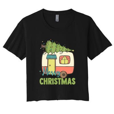 Merry Christmas Camping Van Trailer Xmas Tree Gift Women's Crop Top Tee