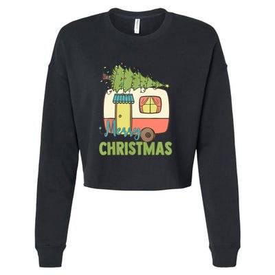 Merry Christmas Camping Van Trailer Xmas Tree Gift Cropped Pullover Crew