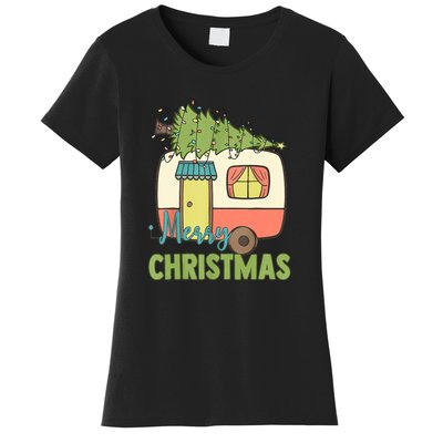 Merry Christmas Camping Van Trailer Xmas Tree Gift Women's T-Shirt