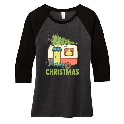 Merry Christmas Camping Van Trailer Xmas Tree Gift Women's Tri-Blend 3/4-Sleeve Raglan Shirt