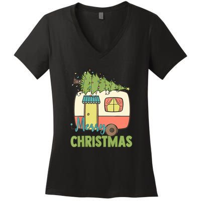 Merry Christmas Camping Van Trailer Xmas Tree Gift Women's V-Neck T-Shirt