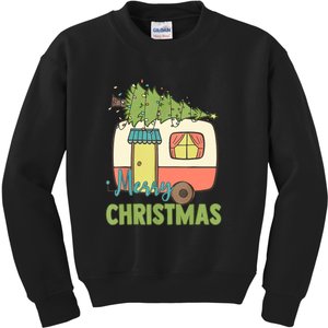 Merry Christmas Camping Van Trailer Xmas Tree Gift Kids Sweatshirt