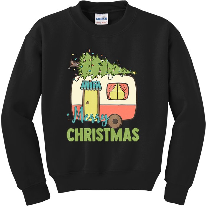 Merry Christmas Camping Van Trailer Xmas Tree Gift Kids Sweatshirt