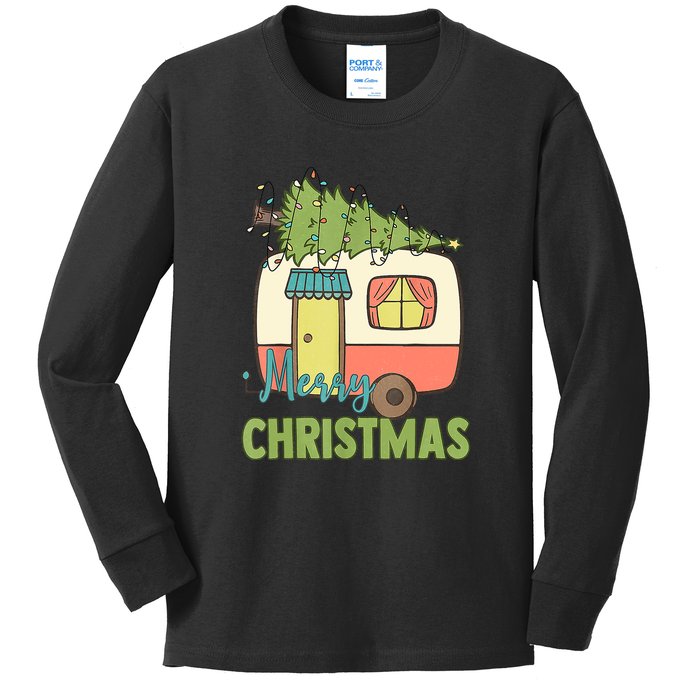 Merry Christmas Camping Van Trailer Xmas Tree Gift Kids Long Sleeve Shirt