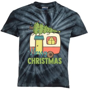 Merry Christmas Camping Van Trailer Xmas Tree Gift Kids Tie-Dye T-Shirt