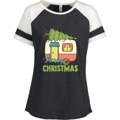 Merry Christmas Camping Van Trailer Xmas Tree Gift Enza Ladies Jersey Colorblock Tee