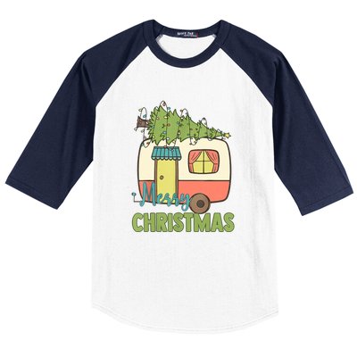 Merry Christmas Camping Van Trailer Xmas Tree Gift Baseball Sleeve Shirt