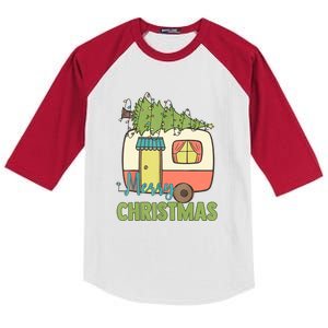 Merry Christmas Camping Van Trailer Xmas Tree Gift Kids Colorblock Raglan Jersey