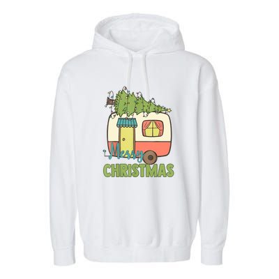 Merry Christmas Camping Van Trailer Xmas Tree Gift Garment-Dyed Fleece Hoodie