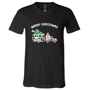 Merry Christmas Caravan Camping RV Trailer Xmas Tree Gift V-Neck T-Shirt