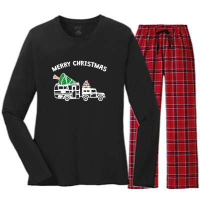 Merry Christmas Caravan Camping RV Trailer Xmas Tree Gift Women's Long Sleeve Flannel Pajama Set 