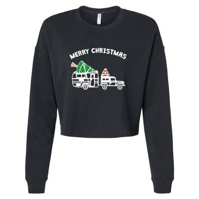 Merry Christmas Caravan Camping RV Trailer Xmas Tree Gift Cropped Pullover Crew