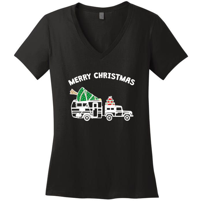 Merry Christmas Caravan Camping RV Trailer Xmas Tree Gift Women's V-Neck T-Shirt