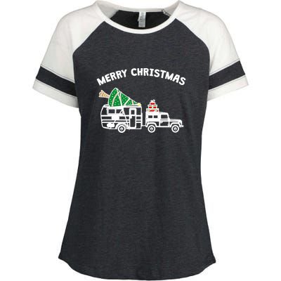 Merry Christmas Caravan Camping RV Trailer Xmas Tree Gift Enza Ladies Jersey Colorblock Tee