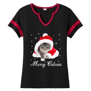 Merry Catmas Cute Cat Kitten Santa Hat Christmas Gift Funny Ladies Halftime Notch Neck Tee