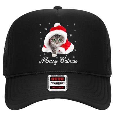 Merry Catmas Cute Cat Kitten Santa Hat Christmas Gift Funny High Crown Mesh Back Trucker Hat