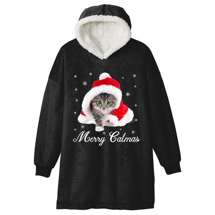 Merry Catmas Cute Cat Kitten Santa Hat Christmas Gift Funny Hooded Wearable Blanket