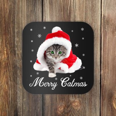 Merry Catmas Cute Cat Kitten Santa Hat Christmas Gift Funny Coaster