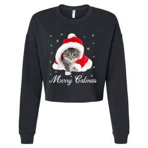 Merry Catmas Cute Cat Kitten Santa Hat Christmas Gift Funny Cropped Pullover Crew