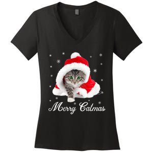 Merry Catmas Cute Cat Kitten Santa Hat Christmas Gift Funny Women's V-Neck T-Shirt