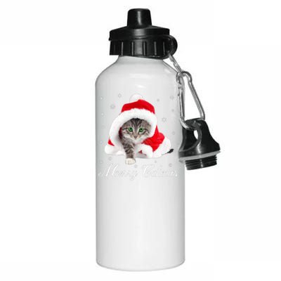 Merry Catmas Cute Cat Kitten Santa Hat Christmas Gift Funny Aluminum Water Bottle