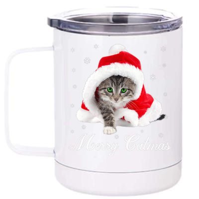 Merry Catmas Cute Cat Kitten Santa Hat Christmas Gift Funny 12 oz Stainless Steel Tumbler Cup