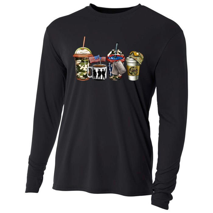 Military Coffee Cup Proud Veteran Patriotic American Dad Men Cooling Performance Long Sleeve Crew