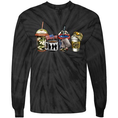 Military Coffee Cup Proud Veteran Patriotic American Dad Men Tie-Dye Long Sleeve Shirt