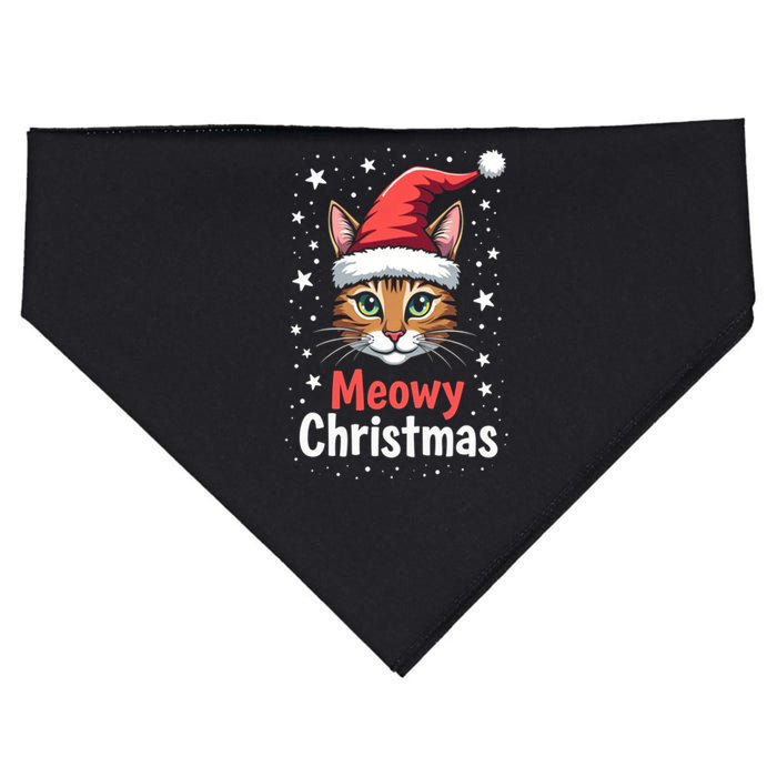 Meowy Christmas Cat In Santa Hat Graphic USA-Made Doggie Bandana