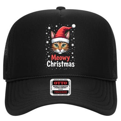 Meowy Christmas Cat In Santa Hat Graphic High Crown Mesh Back Trucker Hat