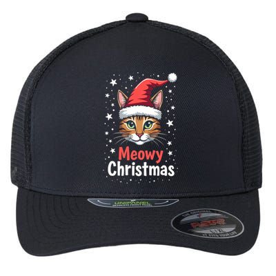 Meowy Christmas Cat In Santa Hat Graphic Flexfit Unipanel Trucker Cap