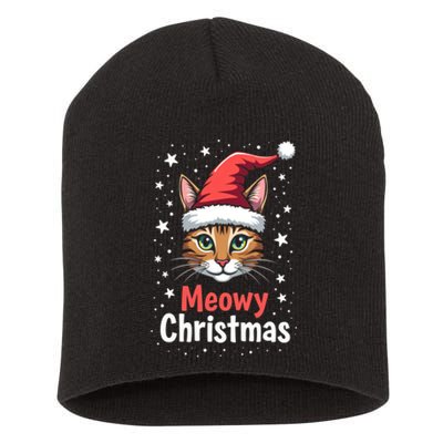 Meowy Christmas Cat In Santa Hat Graphic Short Acrylic Beanie