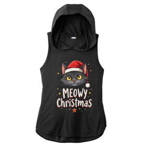 Meowy Christmas Cat In Santa Hat Graphic Ladies PosiCharge Tri-Blend Wicking Draft Hoodie Tank