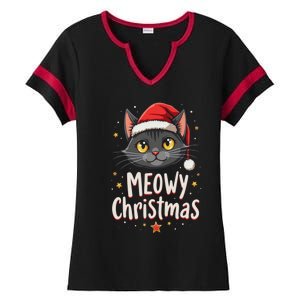 Meowy Christmas Cat In Santa Hat Graphic Ladies Halftime Notch Neck Tee