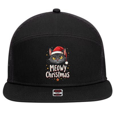 Meowy Christmas Cat In Santa Hat Graphic 7 Panel Mesh Trucker Snapback Hat