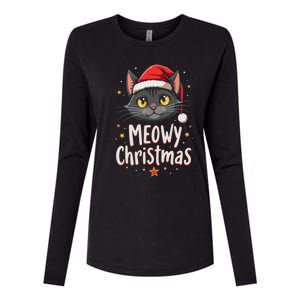 Meowy Christmas Cat In Santa Hat Graphic Womens Cotton Relaxed Long Sleeve T-Shirt